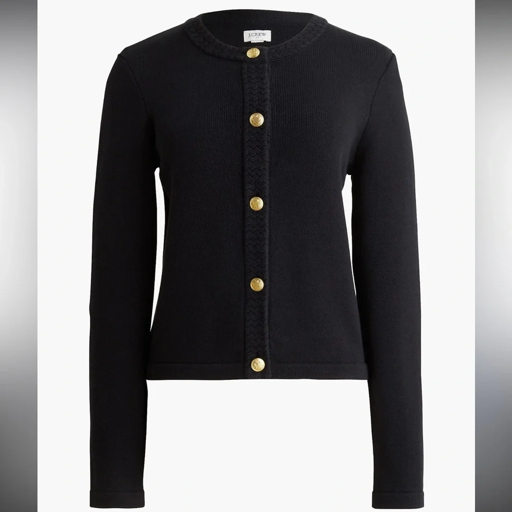 J. Crew Black Cardigan with Crest Gold Buttons thick‎ knit Sz XL
